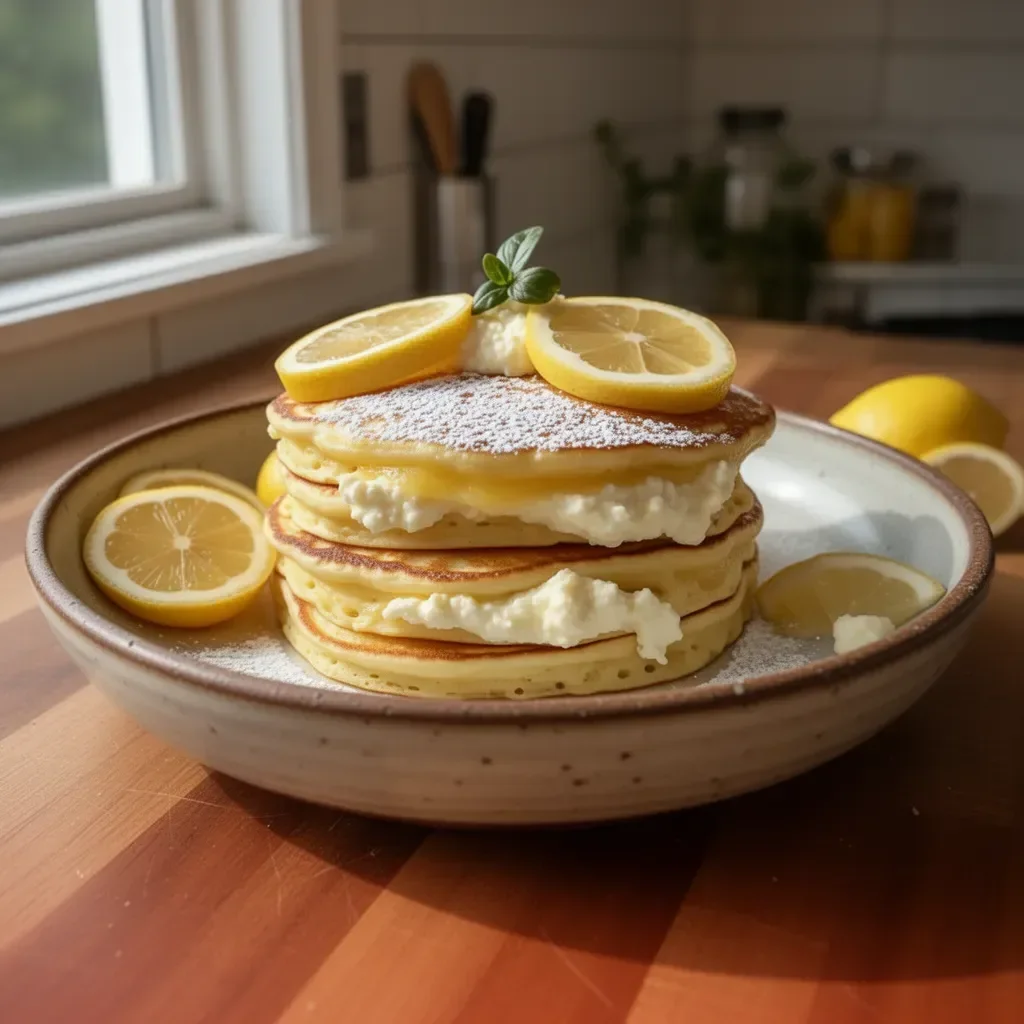 Delicious Lemon Ricotta Pancakes stacked and topped with fresh lemon zest