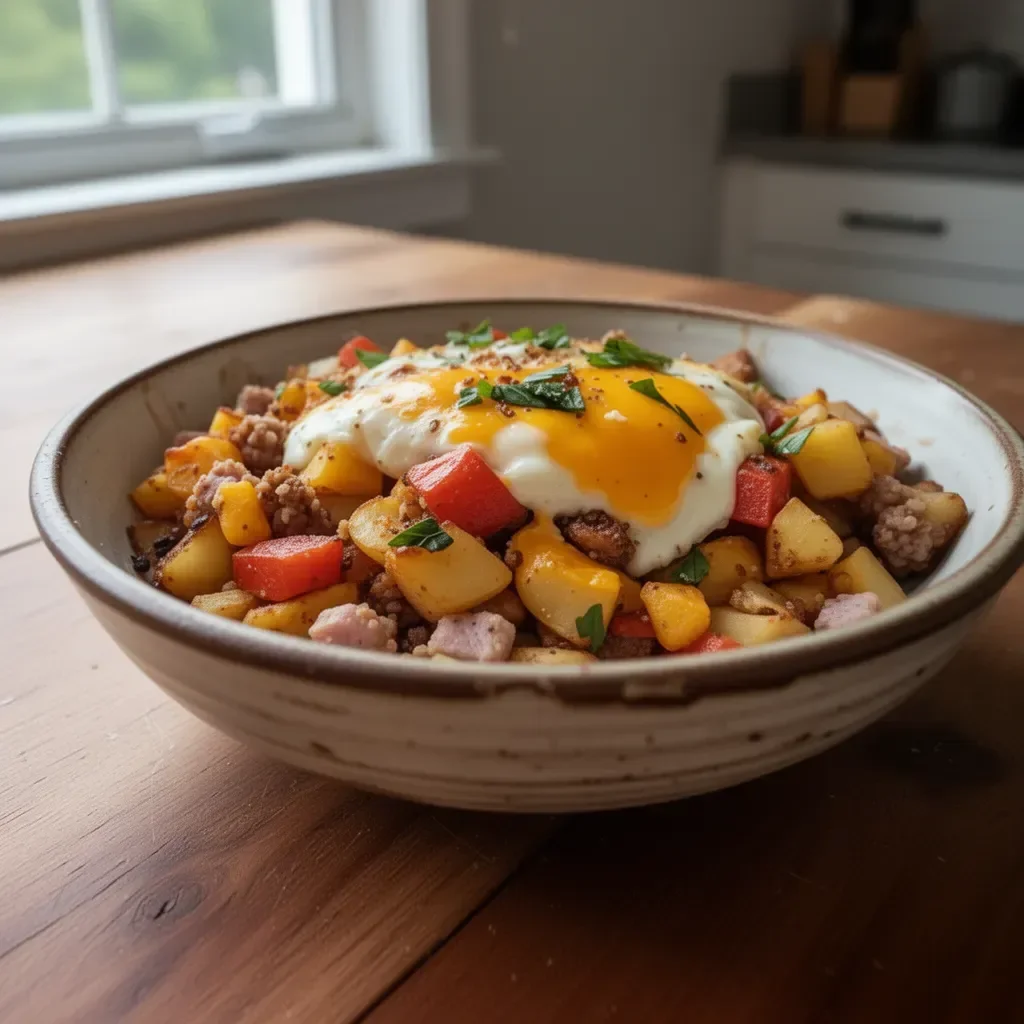 Loaded breakfast hash with potatoes, eggs, and fresh toppings in a bowl.
