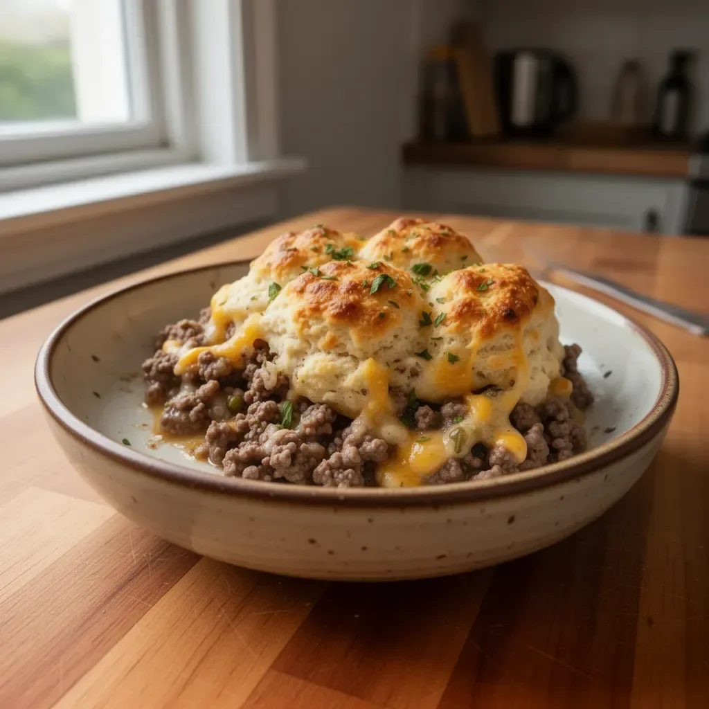 Delicious minced beef and biscuit bake served in a dish