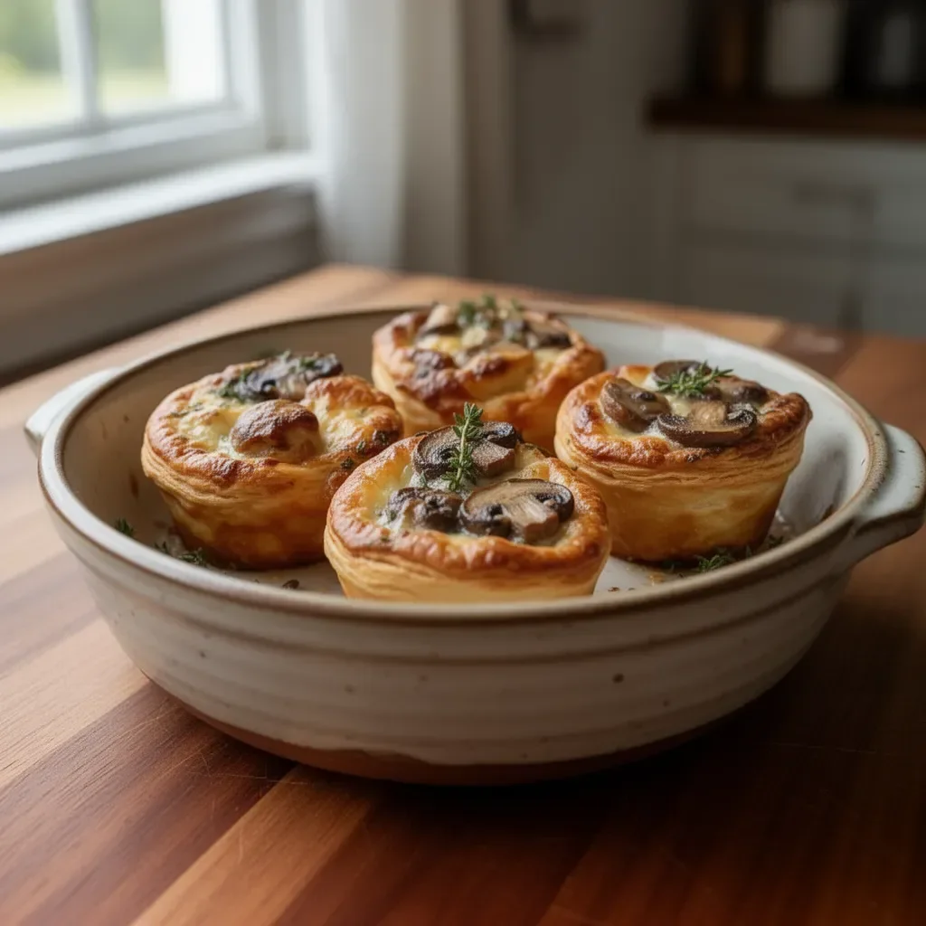 Delicious mini mushroom and Gruyère pot pies garnished with fresh thyme