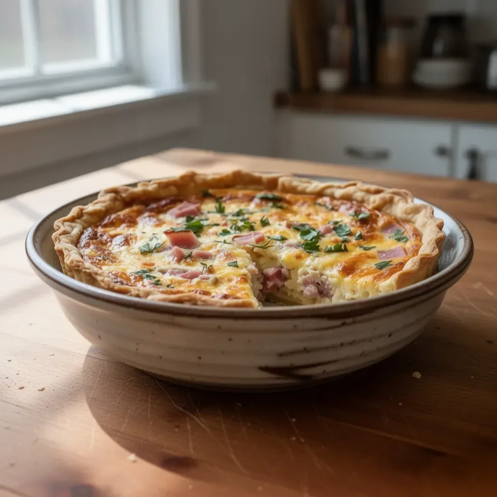 Delicious Mississippi Sin Quiche with cheese and toppings served on a plate.
