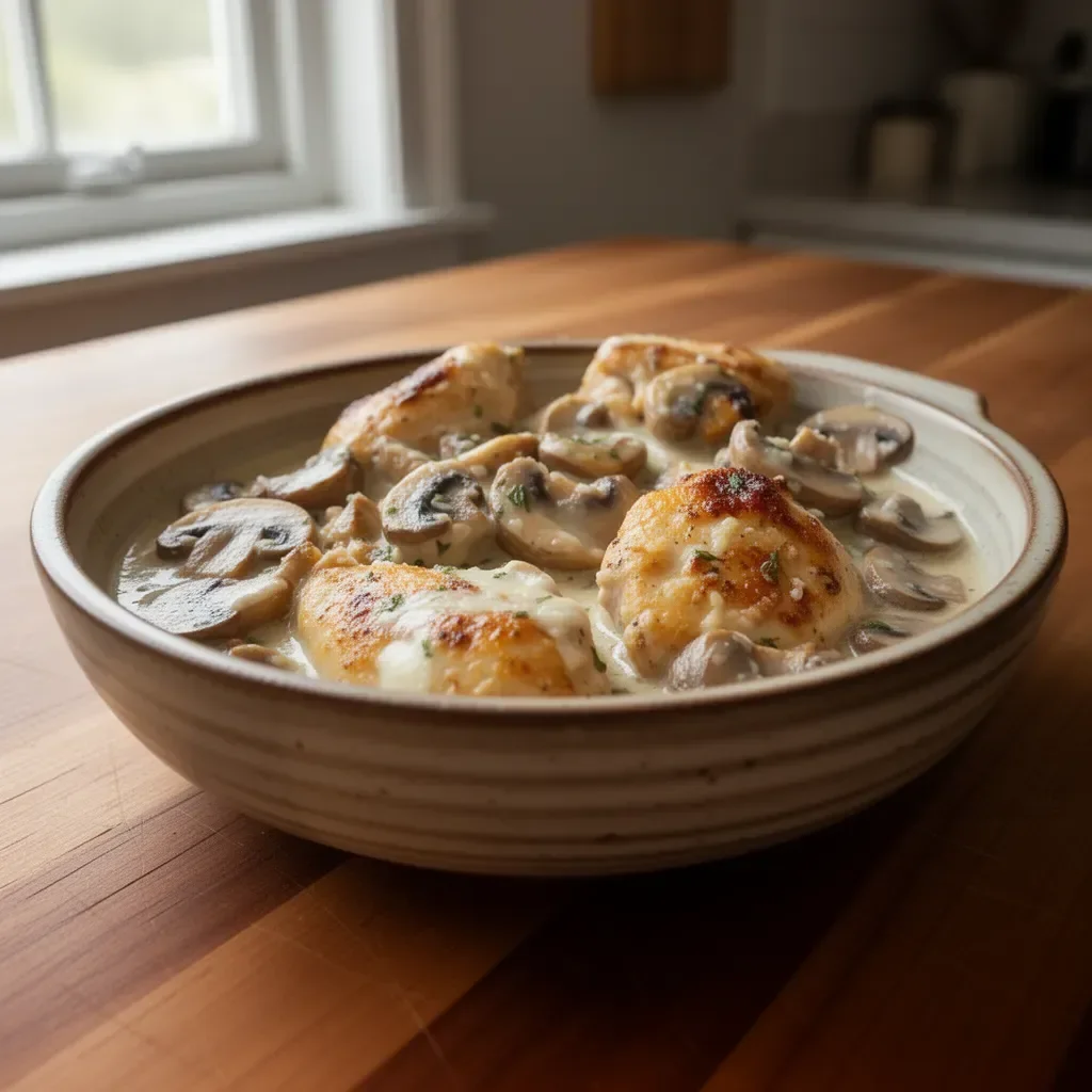 Delicious Mushroom Asiago Chicken with creamy sauce and mushrooms
