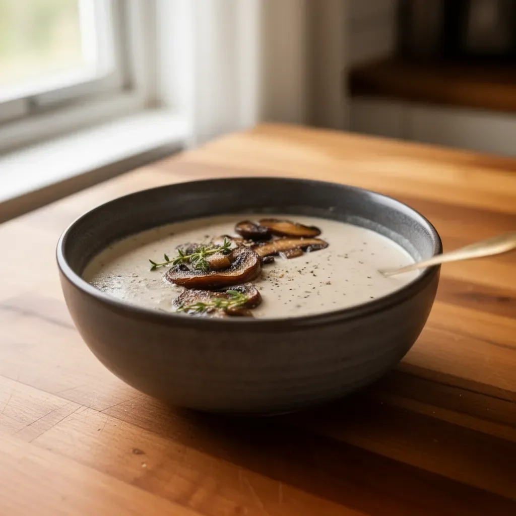 Bowl of creamy mushroom bisque topped with fresh herbs