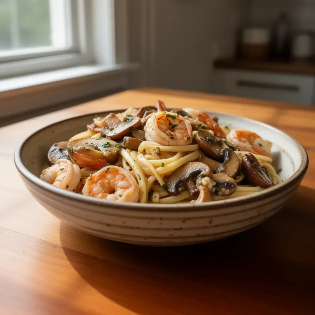 Mushroom Garlic Prawn Pasta served on a plate with fresh herbs