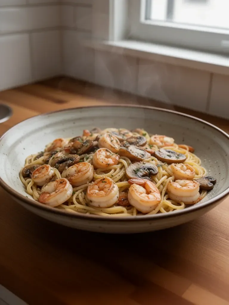 Mushroom Garlic Prawn Pasta