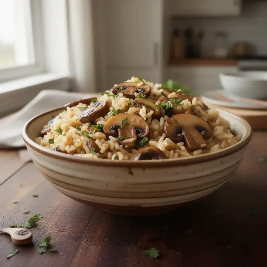 A bowl of mushroom rice garnished with herbs and spices.