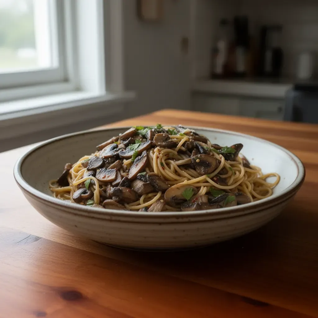 Delicious Mushroom Spaghetti garnished with fresh herbs and spices.