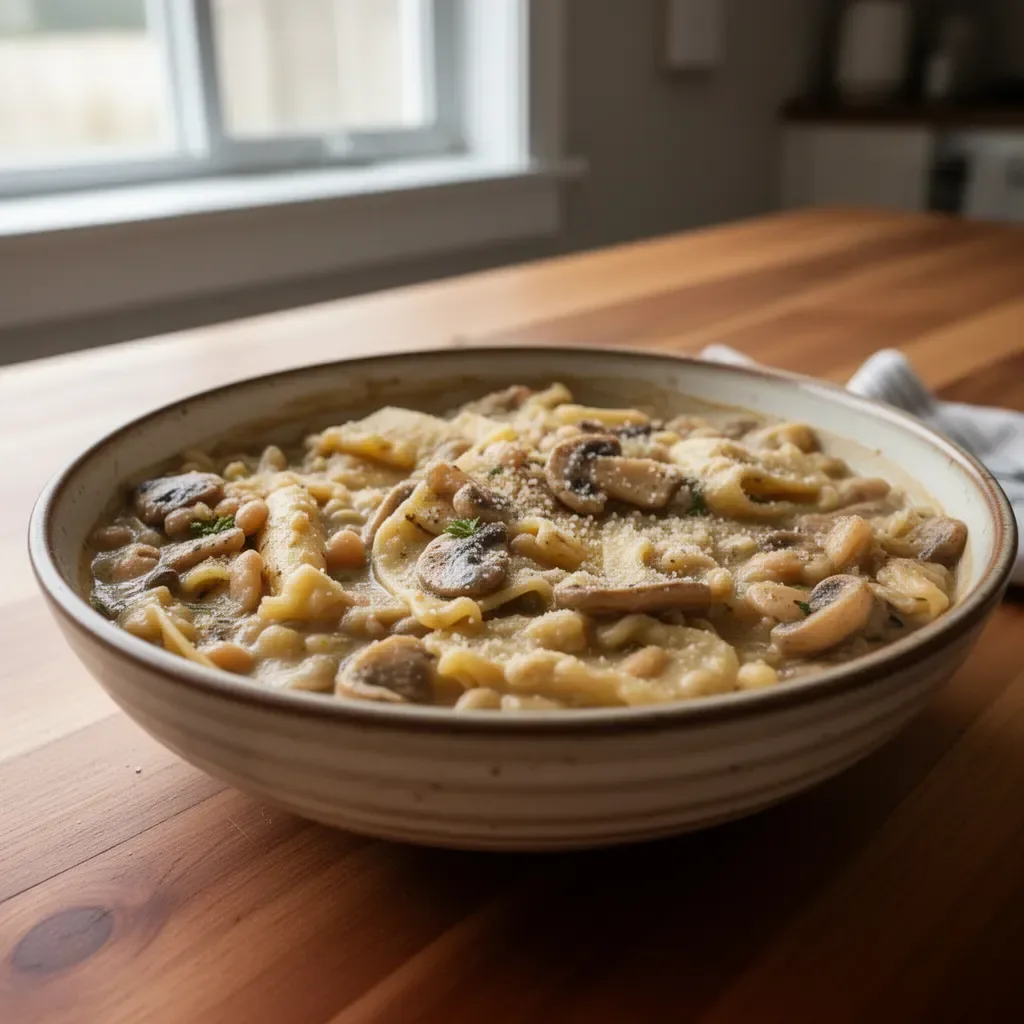 One-Pot Mushroom and White Bean Pasta dish served in a bowl
