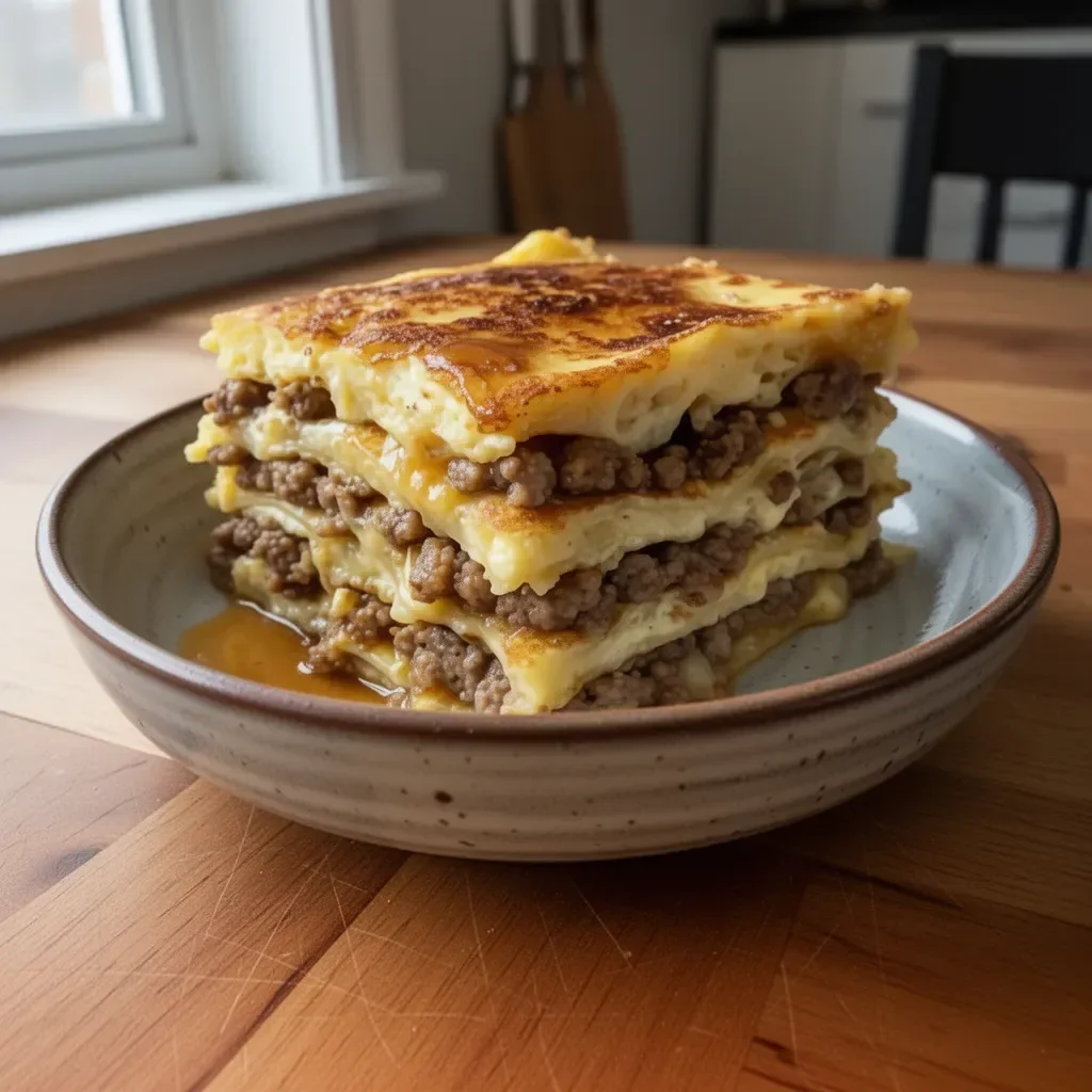 Delicious pancake sausage casserole layered like breakfast lasagne