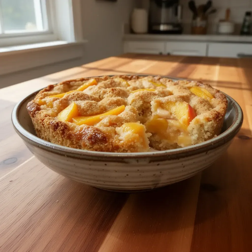 Delicious peach coffee cake with fresh peach slices and a crumbly topping