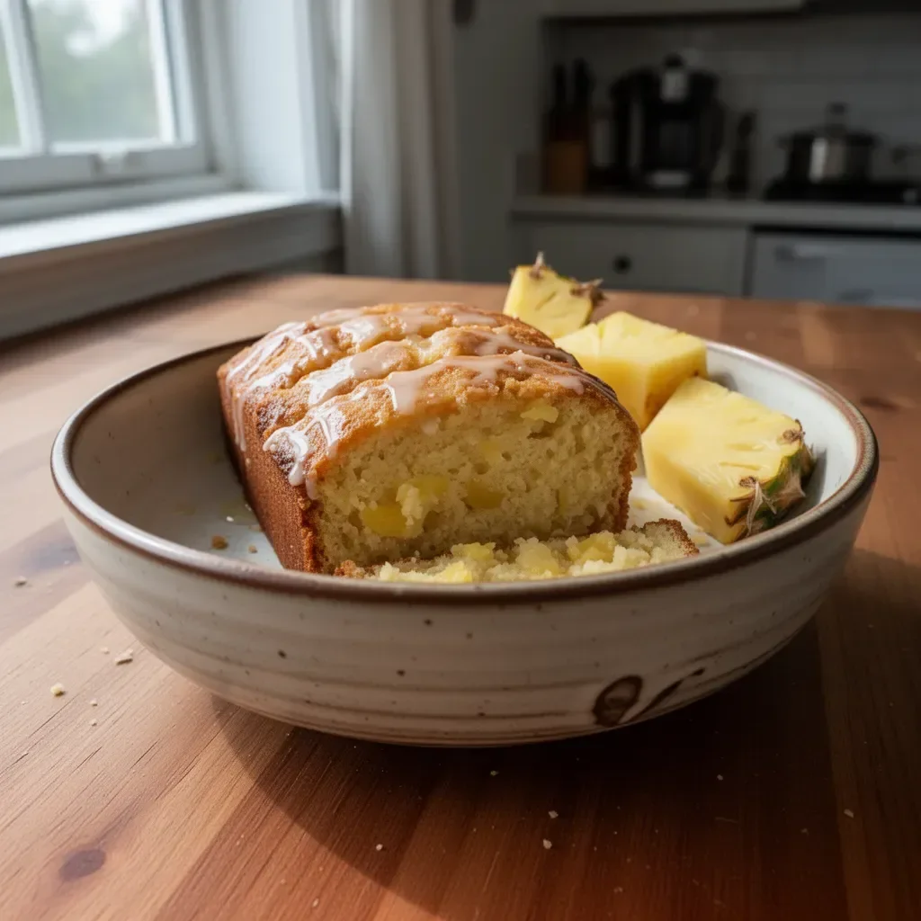 Slice of delicious homemade Pineapple Bread on a wooden table