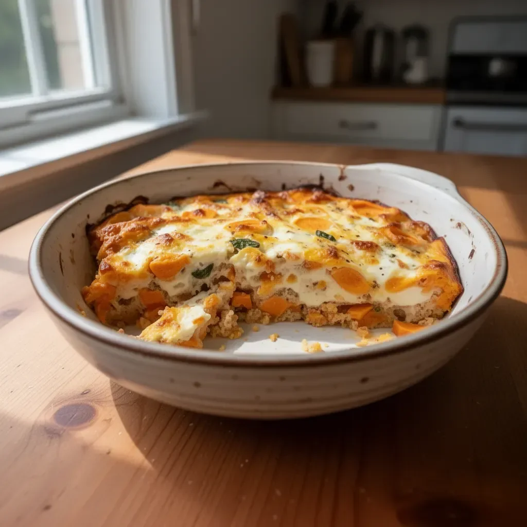 Delicious protein-packed sweet potato egg bake with vibrant toppings.