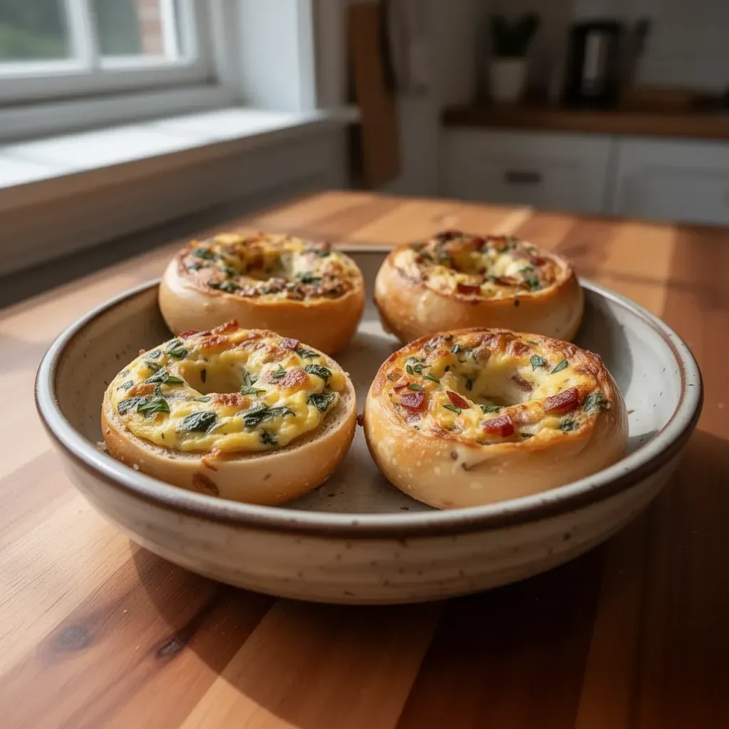 Quiche stuffed bagels filled with creamy egg filling and fresh herbs.