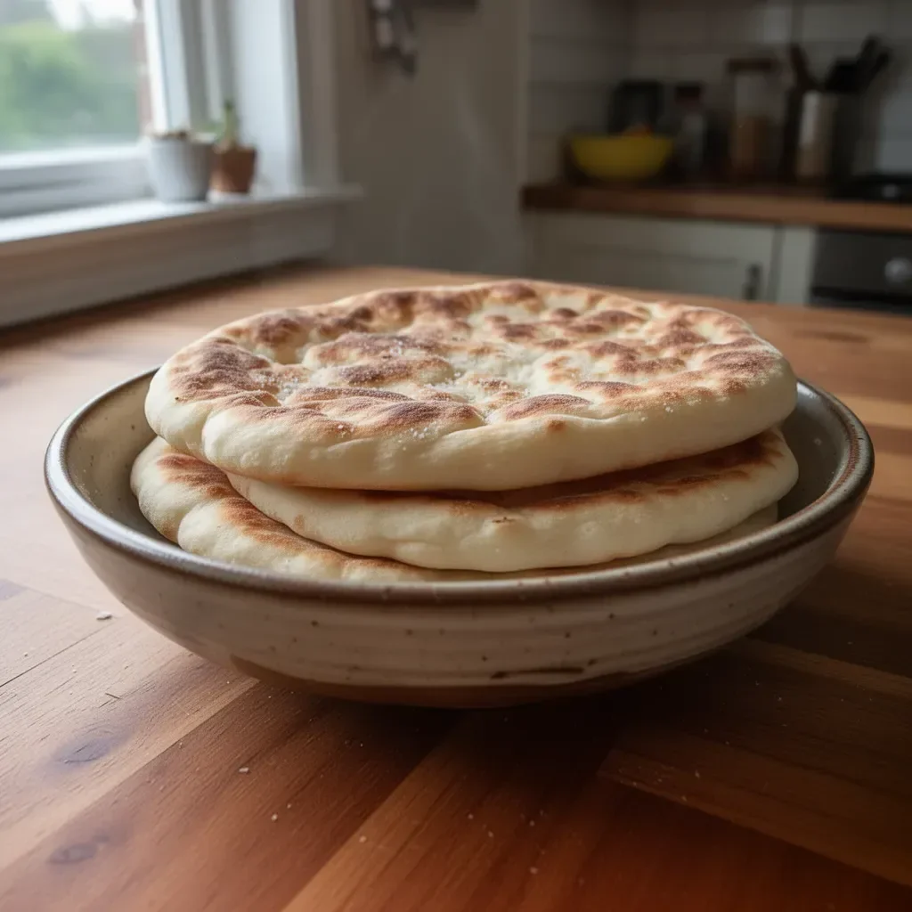 Freshly made quick and fluffy flatbreads on a wooden table