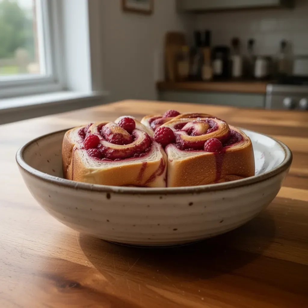 Freshly baked Raspberry Swirl Brioche Loaf with vibrant raspberry filling