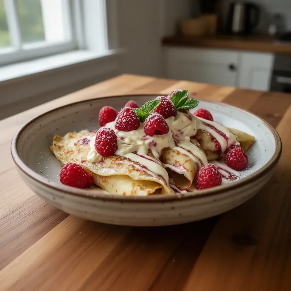 Delicious raspberry vanilla cream crêpes topped with fresh raspberries.
