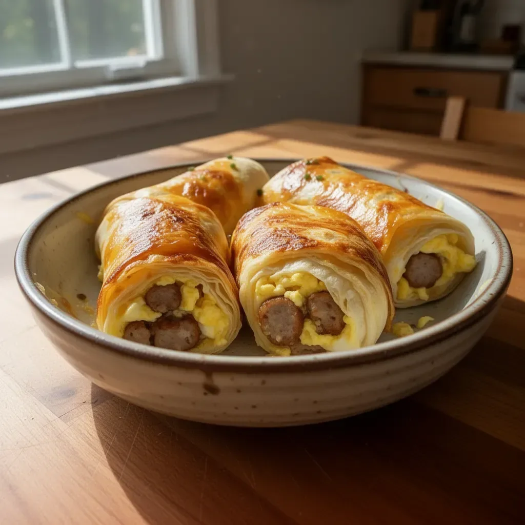 Sausage, egg, and cheese breakfast wraps served on a plate