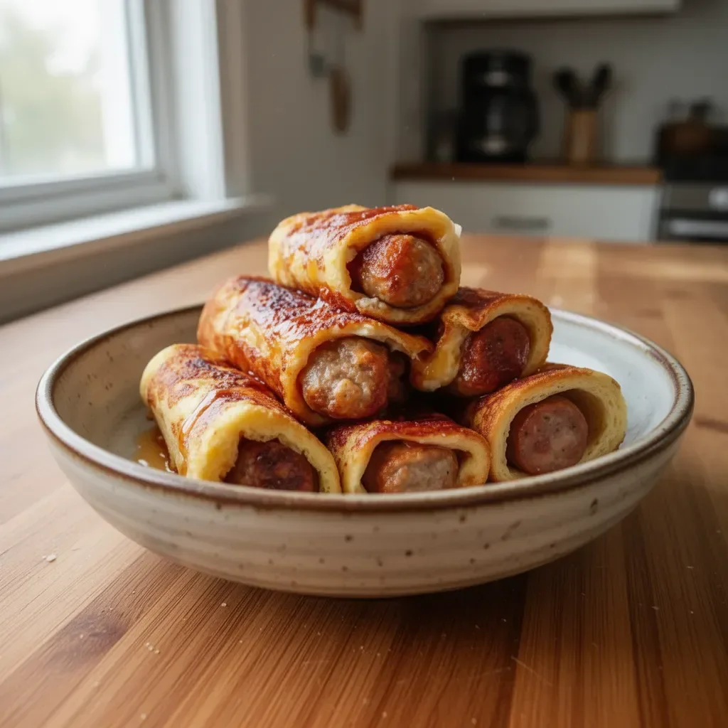 Delicious Sausage French Toast Roll-Ups served on a plate for breakfast.