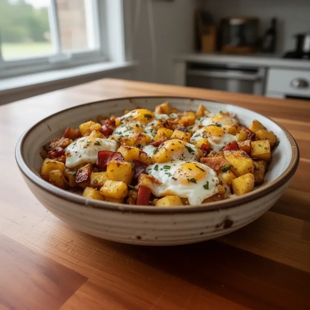 Delicious savoury breakfast hash topped with fresh herbs and spices.
