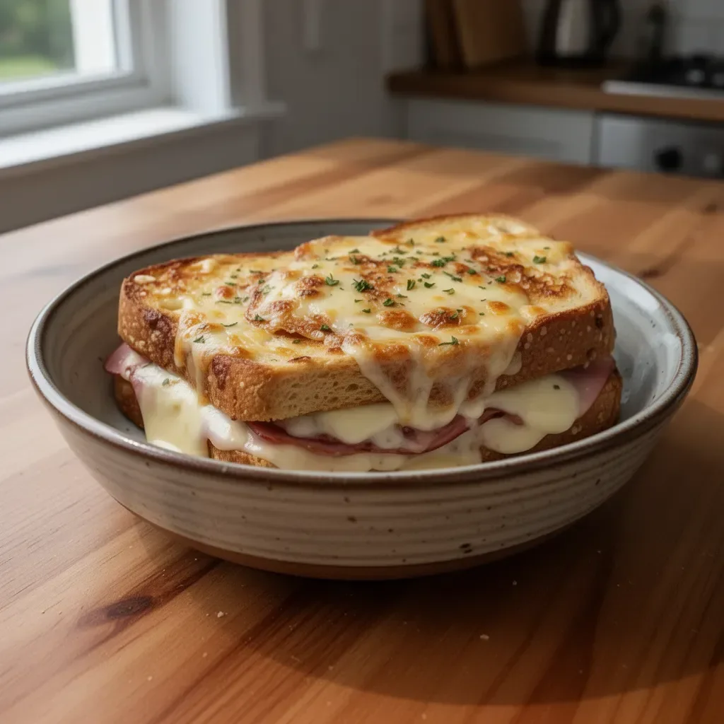 Delicious Savory Croque Monsieur sandwich with melted cheese and ham