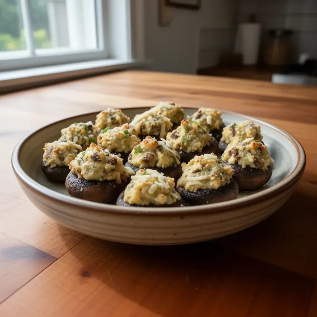Delicious stuffed mushrooms topped with herbs and cheese ready to serve