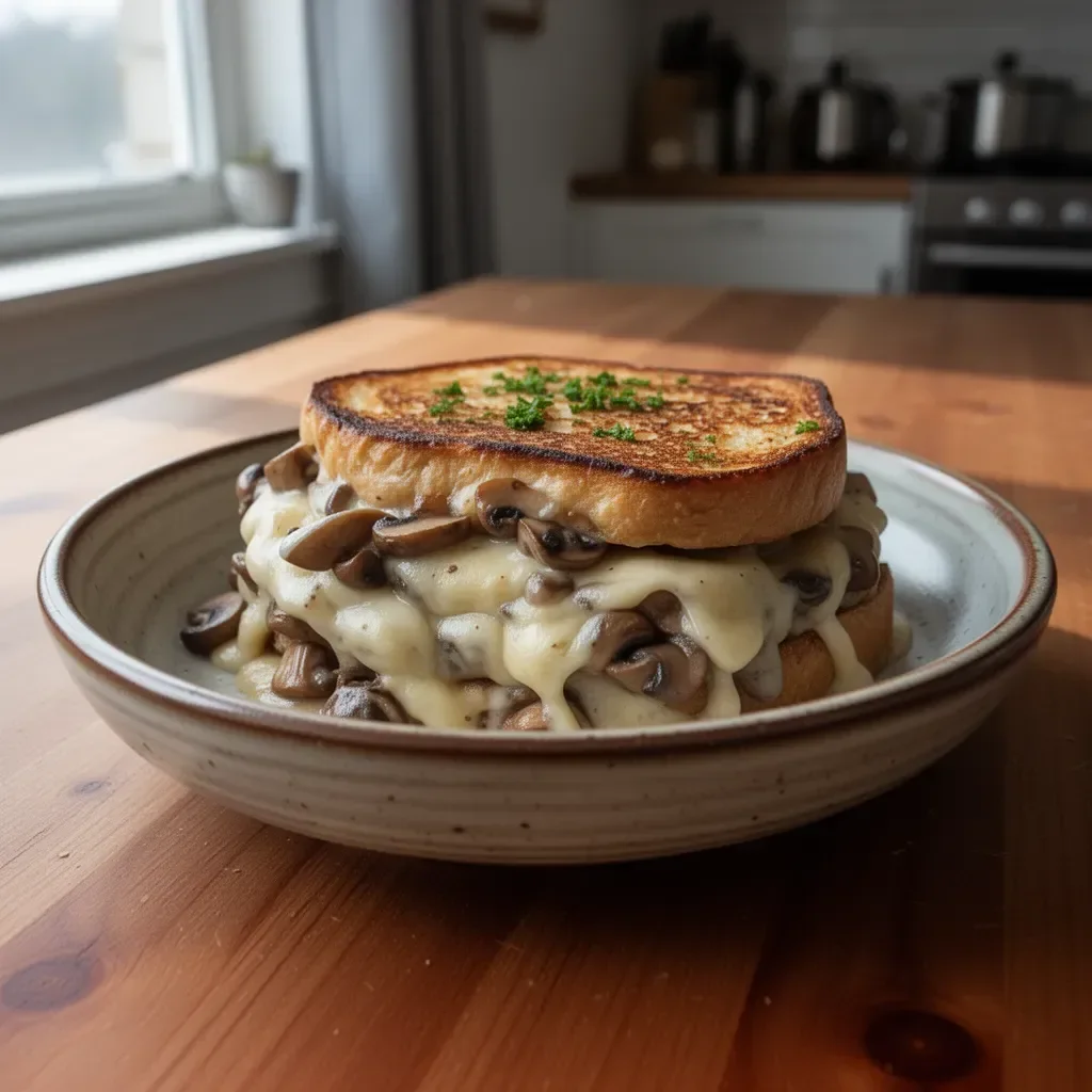 Delicious Swiss Mushroom Melt sandwich with melted cheese and mushrooms
