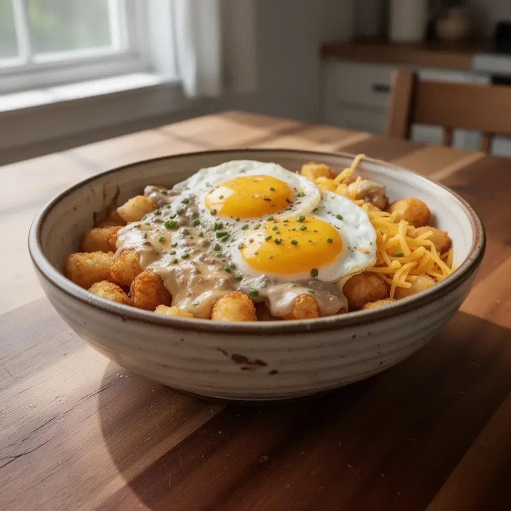 Delicious Tater Tot Breakfast Bowl filled with eggs and toppings