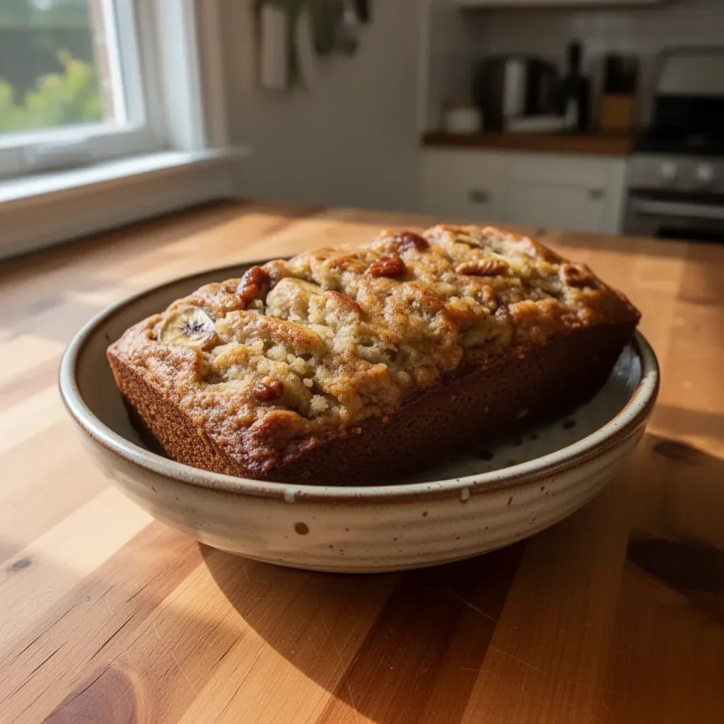 Deliciously baked banana bread loaf on a wooden table