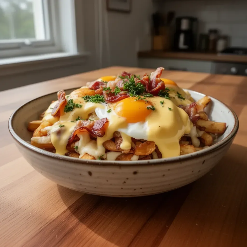 Ultimate breakfast poutine with creamy hollandaise sauce