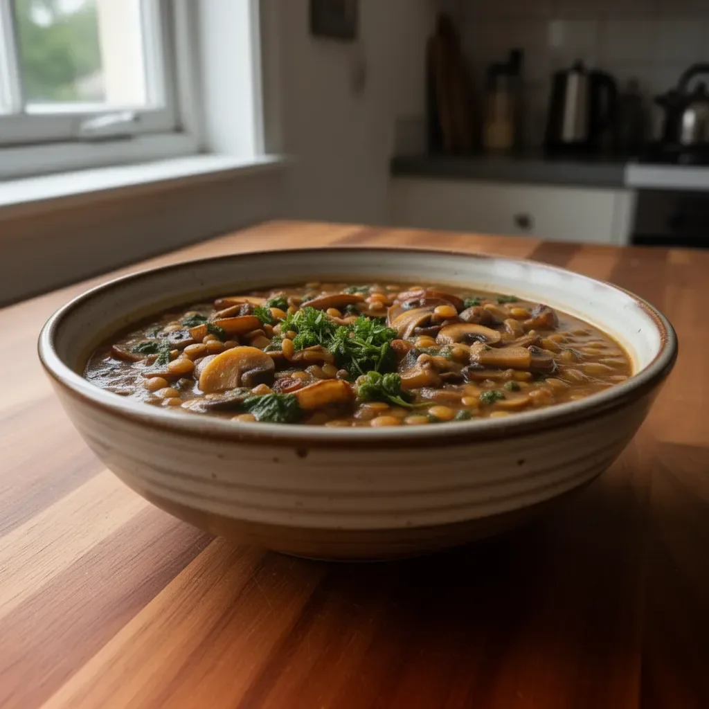 Delicious bowl of Vegan Lentil Mushroom Stew with fresh herbs.