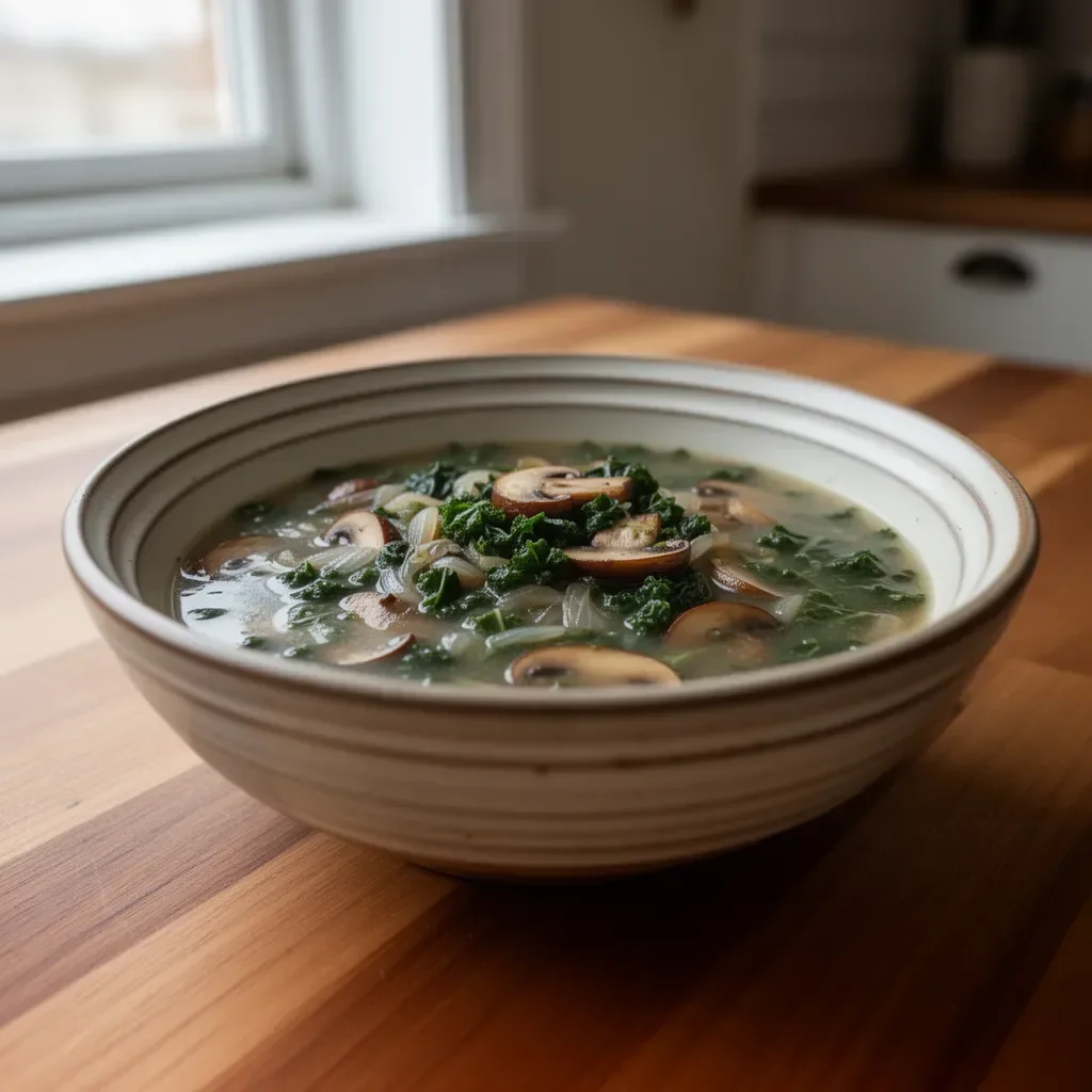 Bowl of warming wild mushroom, caramelised onion, and kale soup