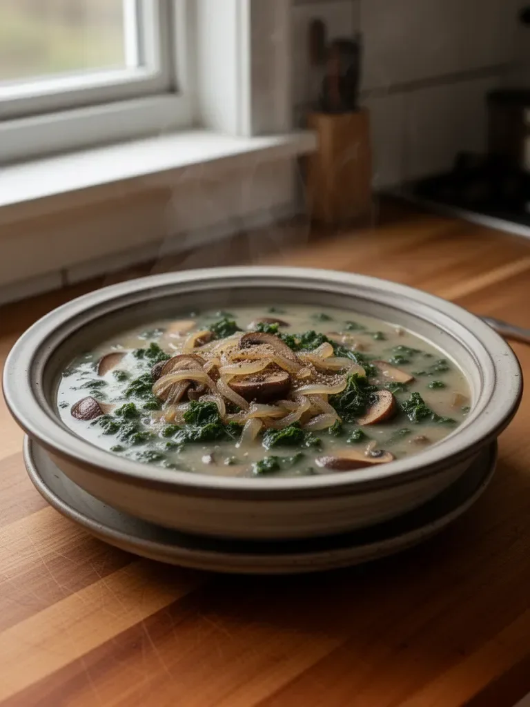 Warming Wild Mushroom, Caramelised Onion, and Kale Soup