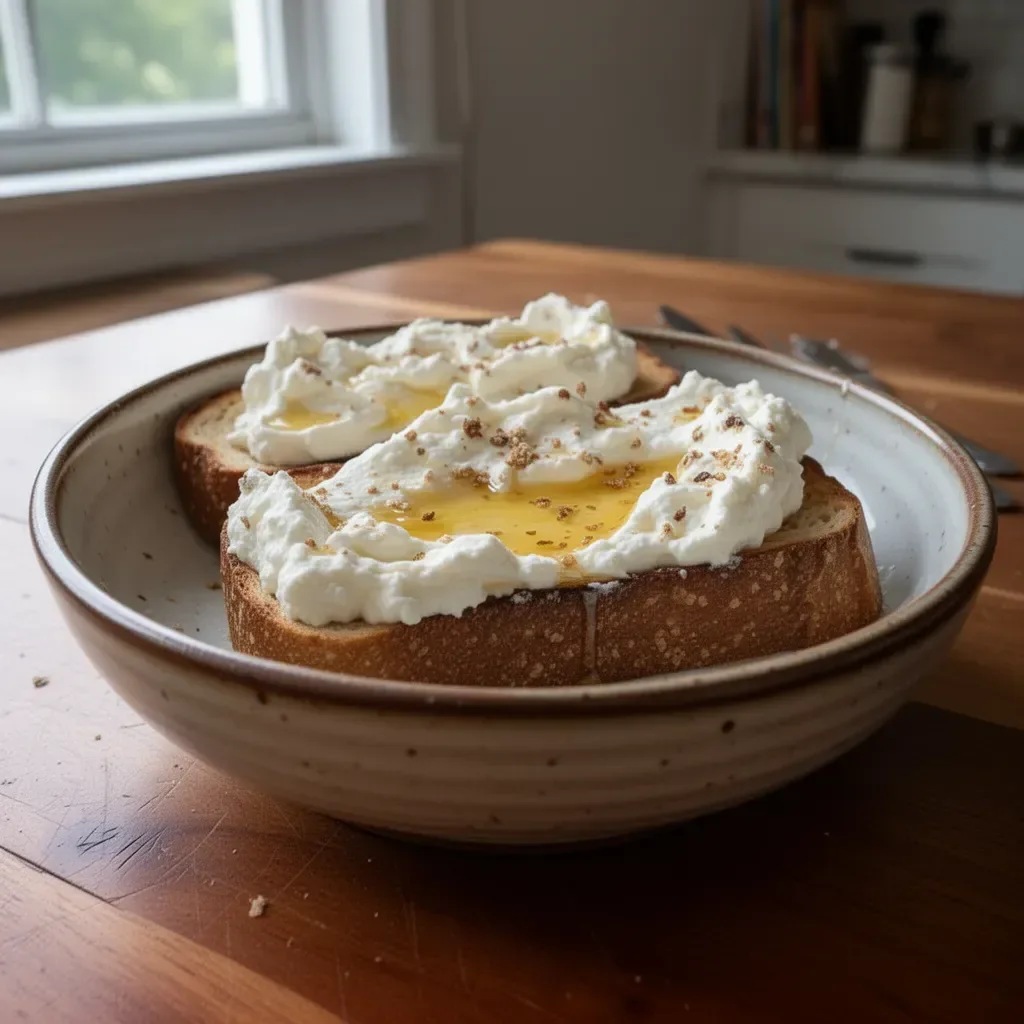 Delicious whipped ricotta honey toast topped with drizzled honey and nuts.