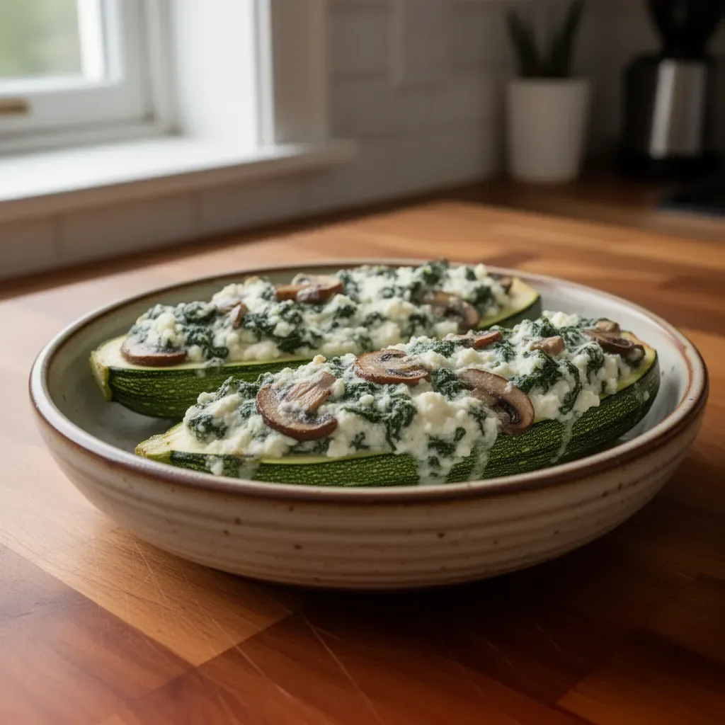 Zucchini boats filled with spinach, mushroom, and ricotta cheese on a plate.