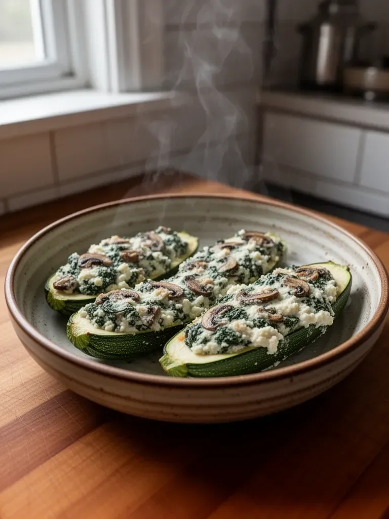 Zucchini Boats Stuffed with Spinach, Mushroom, and Ricotta
